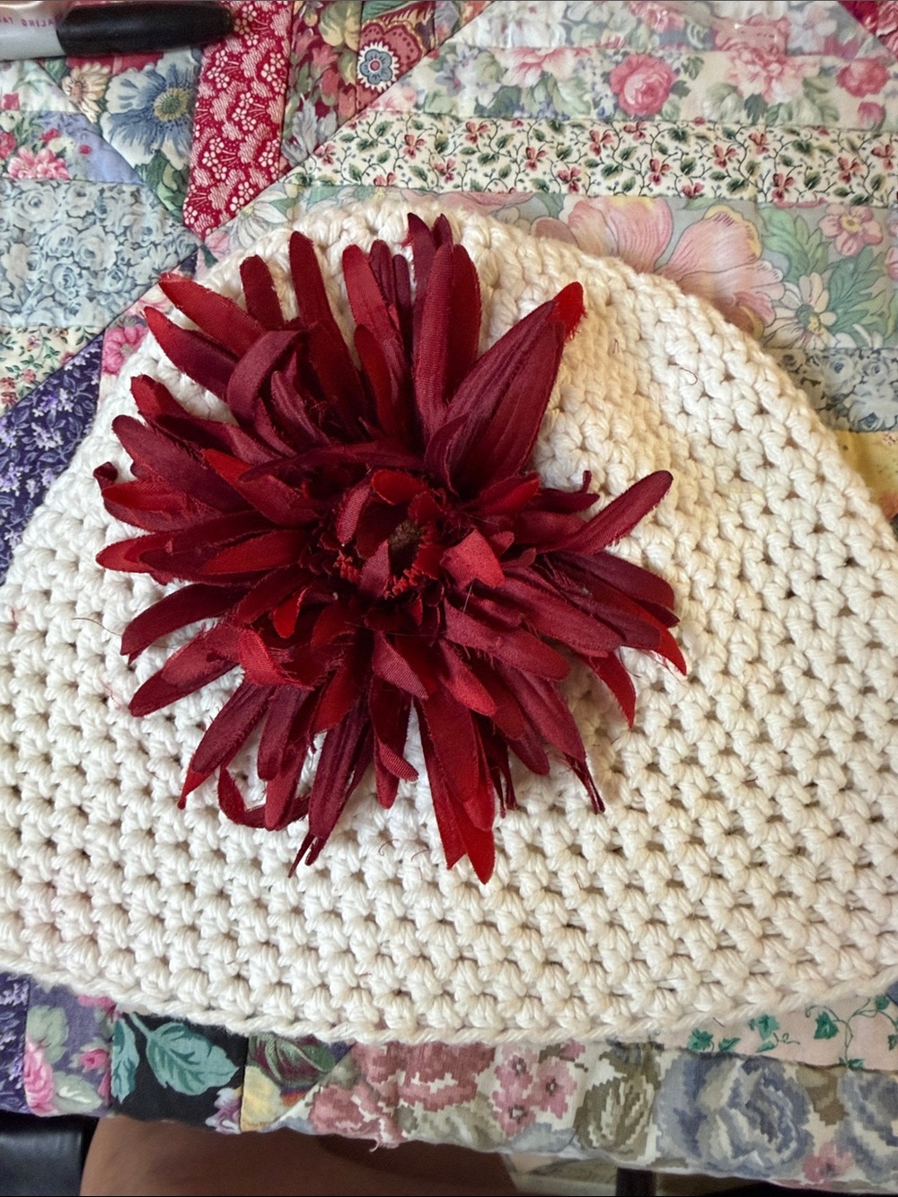 Handmade Cream Crochet Beanie with Large Red Flower Accent